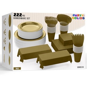 Exquisite Gold Disposable Dinnerware Set 222 Pc for 20 Guests | Elegant Party Plates, Cups, Cutlery & Napkins | Wedding Tableware Kit - 1 of 4