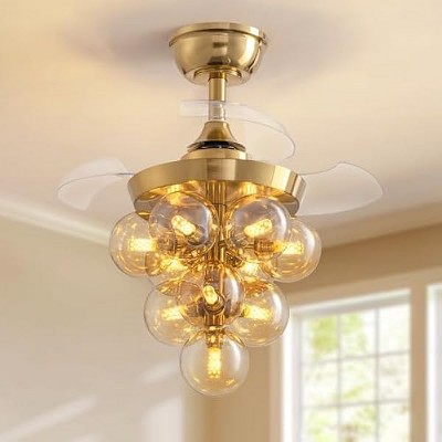 Siljoy 23.6" Gold Modern Ceiling Fan with Lights and Remote, 10-Light Glass Bubble Chandelier Fan, Invisible Blades Ceiling Fan for Living Room