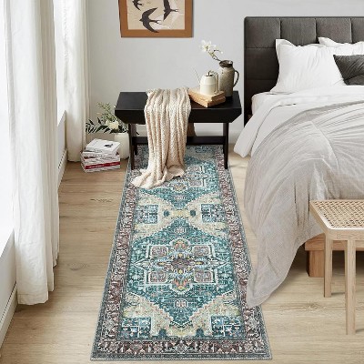 Modern Thin Rug Oriental Floral Carpet Design for Living Room Bedroom Dorm Kitchen Contemporary Decor - Non Slip, Machine Washable