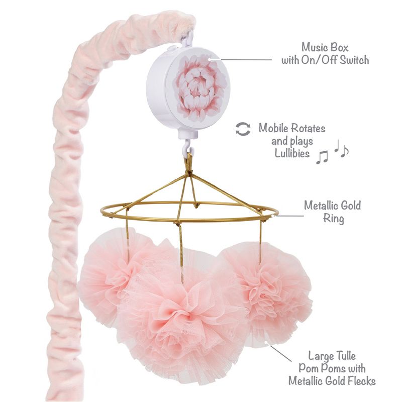 Lambs & Ivy Secret Garden Pink Pom Pom Musical Baby Crib Mobile Soother Toy, 4 of 7