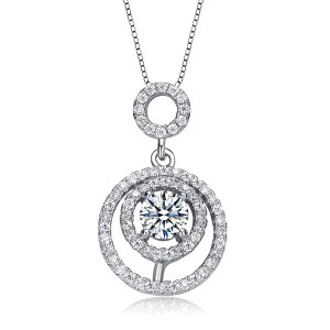 White gold plated necklace with double halo drop solitaire pendant, featuring a stunning center stone surrounded by two sparkling halos - 1 of 3