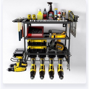 Tool Storage Rack, Power Tool Holder - 4 Layer Wall Mounted Rack with Side Screwdriver Rack & Hooks, Heavy Duty Steel Shelf - 1 of 4