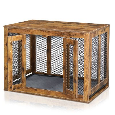 Munora Medium Dog Crate Furniture with Tray, Indoor Aesthetic Wooden Kennel Pet House, Modern Decorative End Side Table Nightstand, Rustic Brown