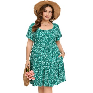 Plus Size Dress Plus Size Dress Ruffle Sleeve Flowy Dress with Pockets blue white flower 2XL - 1 of 1