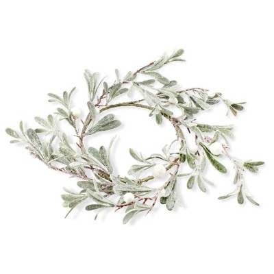 AuldHome Design 14" Lamb's Ear Candle Ring; Frosted Pearl Berry Farmhouse Christmas Decor Wreath