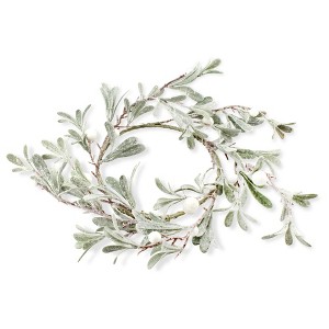 AuldHome Design 14" Lamb's Ear Candle Ring; Frosted Pearl Berry Farmhouse Christmas Decor Wreath - 1 of 4