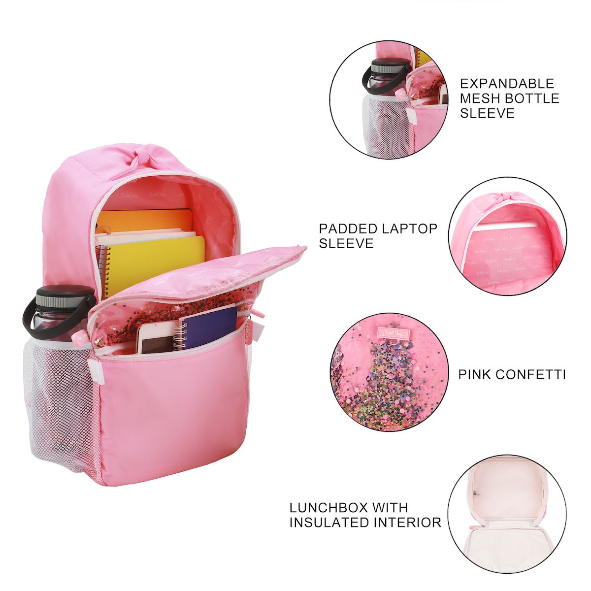 Packed Party Pink Confetti Filled Pink 17" Adult Backpack With Matching Insulated Lunchbox - thumbnail 3