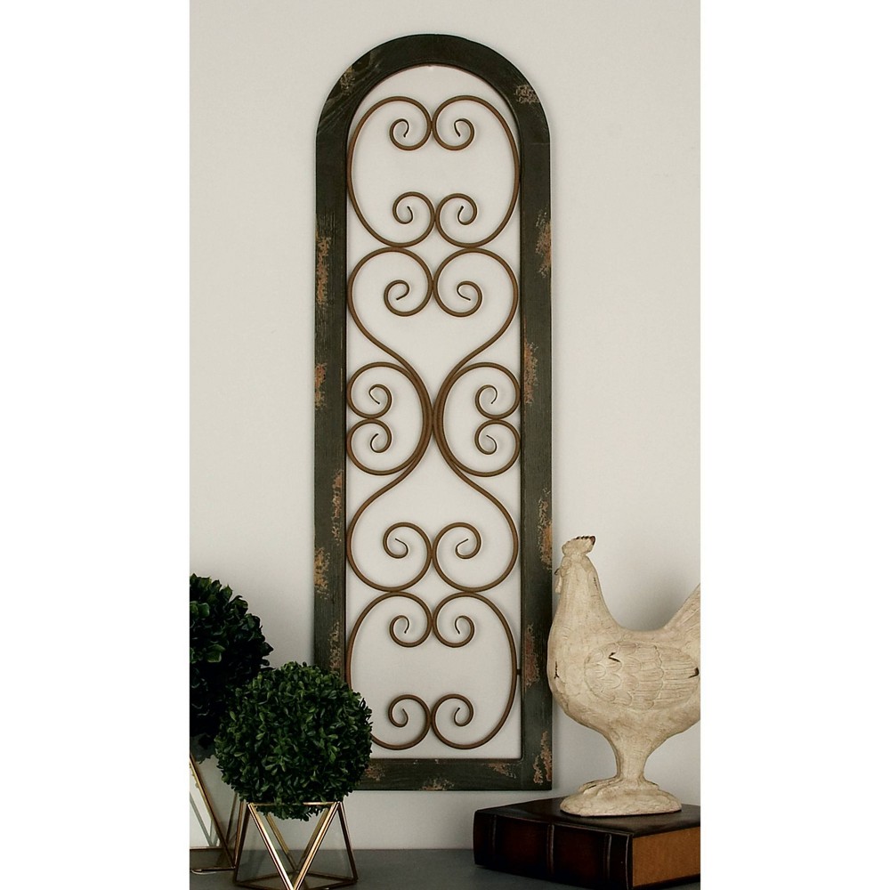 Photos - Wallpaper Wood Scroll Arched Window Inspired Wall Decor with Metal Scrollwork Relief