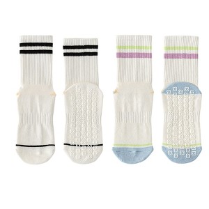 Anna-Kaci Women's 2-Pair Set Crew Athletic Socks with Striped Cuffs and Full Sole Grip for Yoga Fitness - 1 of 4