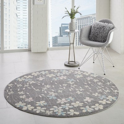 Handmade Round Grey and Beige Floral Synthetic Area Rug