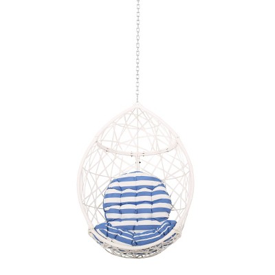 Los Alamitos Indoor/Outdoor Wicker Hanging Chair with 8' Chain - White/Blue - Christopher Knight Home