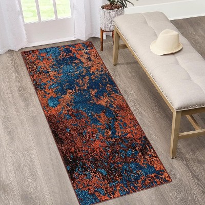2'x6' Large Modern Abstract Rug, Machine Washable, Non-Slip, Stain Resistant, Ideal for Living Room, Dining, Office, Bedroom, Blue/Red