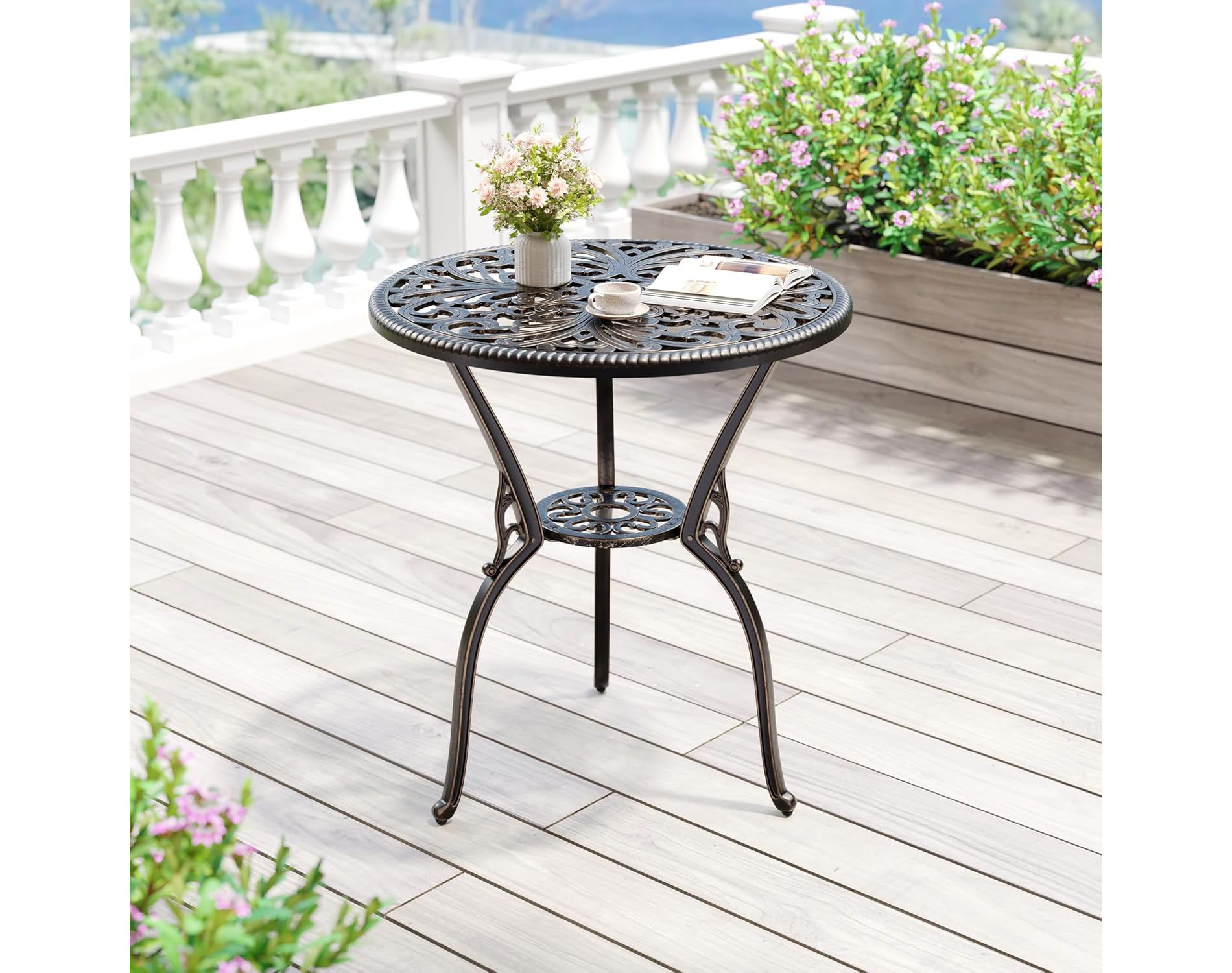 23" Cast Aluminum Patio Bistro Table with Umbrella Hole, Outdoor Round Side Coffee Table, Anti-Rust for Backyard Garden Porch Pool Balcony, Bronze