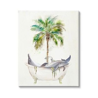 Stupell Industries Tropical Dolphins Bathroom Tub Gallery Wrapped Canvas Wall Art