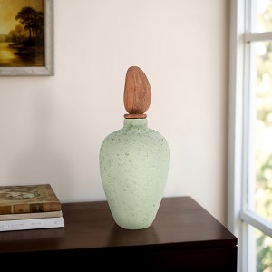 Modern Pottery Decorative Vase with Lid - Textured Artisan Design Vase for Table Centerpiece - Home or Office Decor Accent - Green - 1 of 4