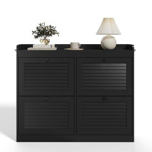 Orieon Large Shoe Storage Cabinet with 4 Flip Drawers, Narrow Shoe Organizer with Hooks for Entryway Hallway, Black. - 1 of 4