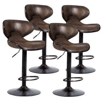 Costway Set of 4 Adjustable Bar Stools Swivel Bar Chairs W/ Backrest Retro Brown Hot-Stamping Cloth