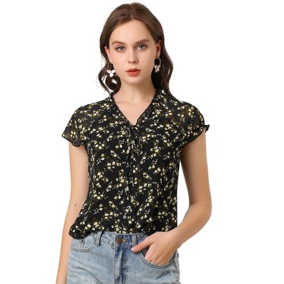 Allegra K Women's Summer Floral Chiffon Tie V Neck Ruffled Short Sleeve Shirt