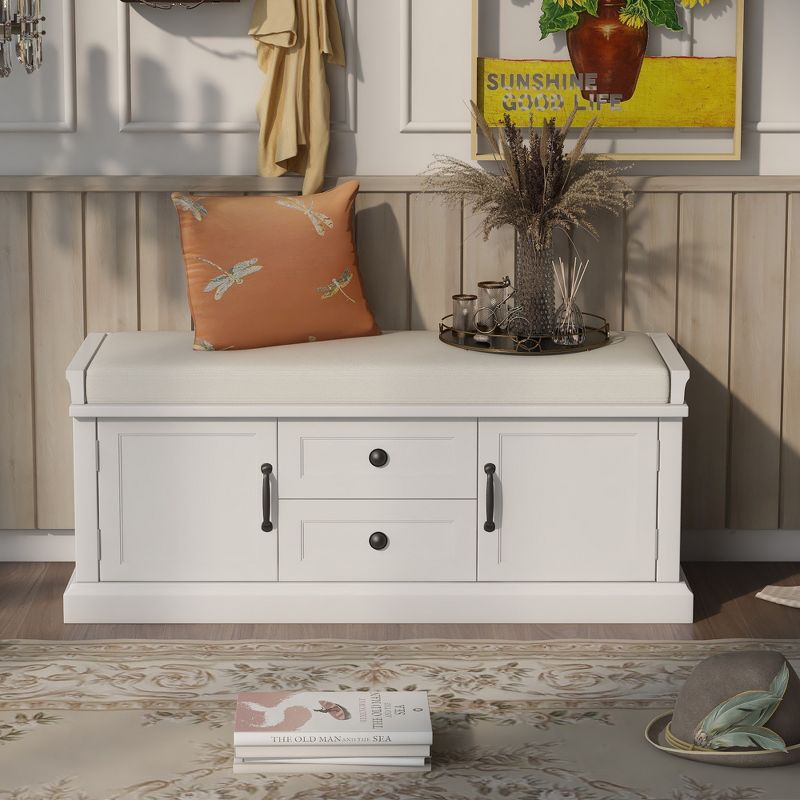 Entryway Storage Bench with 2 Drawers and 2 Cabinets, Shoe Bench with Removable Cushions-ModernLuxe, 2 of 12