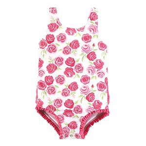 Hudson Baby Girls Baby Swimsuit, Pink Roses - 1 of 2