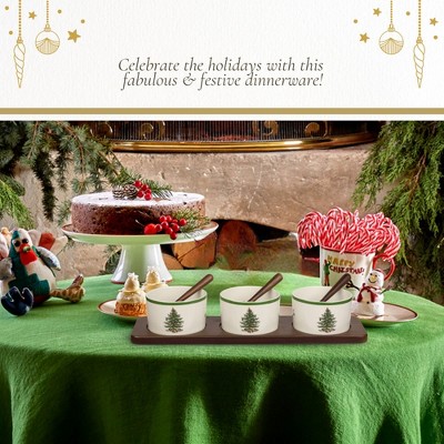 15" Beige and Green Ceramic Christmas Condiment Bowl Set with Wood Tray