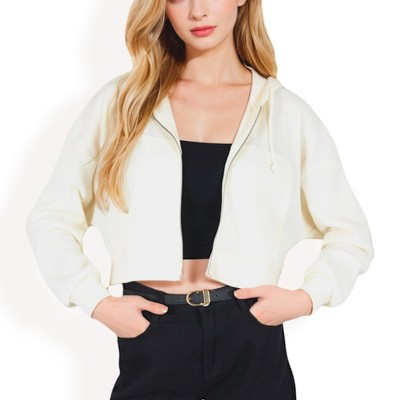 Anna-Kaci Women's Cropped Waffle Knit Zip-Up Hoodie with Drawstring