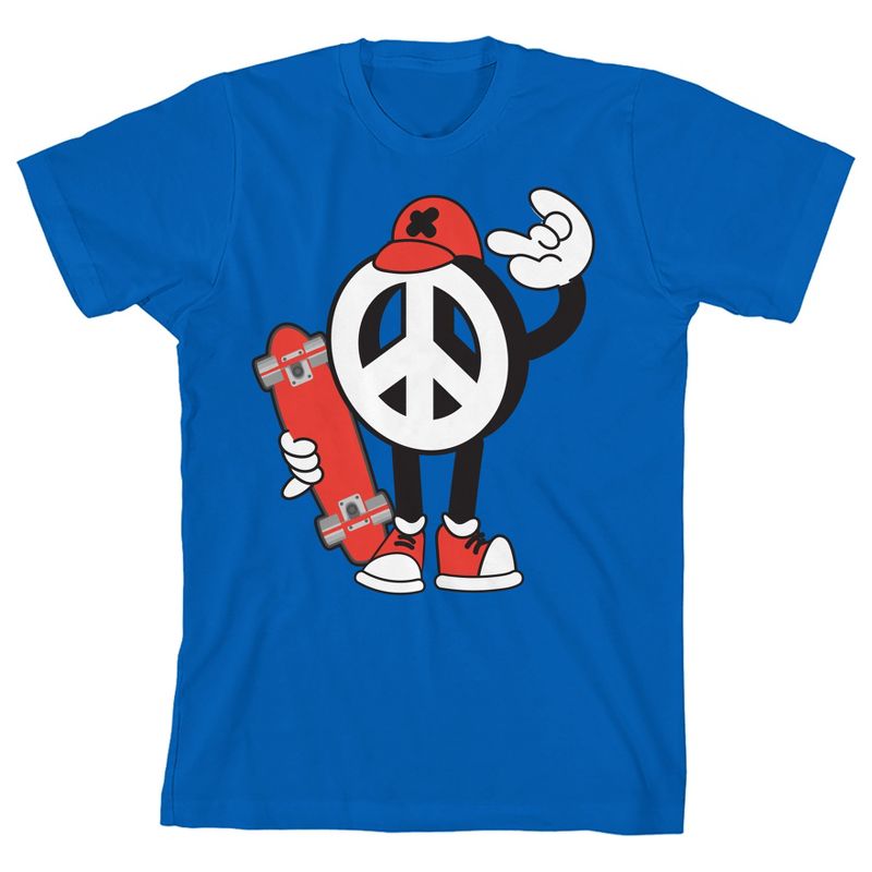 Skater Peace Sign Youth Royal Blue Short Sleeve Crew Neck Tee, 1 of 3