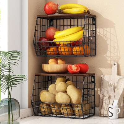 2pcs Fruit Basket Kitchen Storage Basket with Wood Lid, Stackable Wall Basket for Countertop Organization