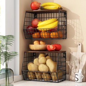 2pcs Fruit Basket Kitchen Storage Basket with Wood Lid, Stackable Wall Basket for Countertop Organization - 1 of 4