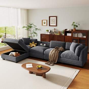 128" Upholstered Modular Sectional Sofa with Removable Storage Ottoman, 2 hidden cup holders-ModernLuxe