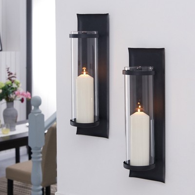 Black Iron and Glass Wall Sconce Light Set of 2
