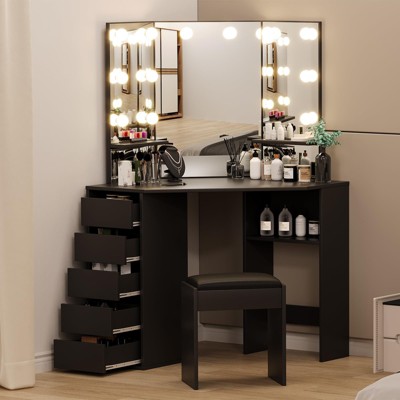 Vanity Desk with Mirror and Lights - Vanity with 3 Lighting Options, Adjustable Brightness, Vanity Set with 5 Sliding Drawers
