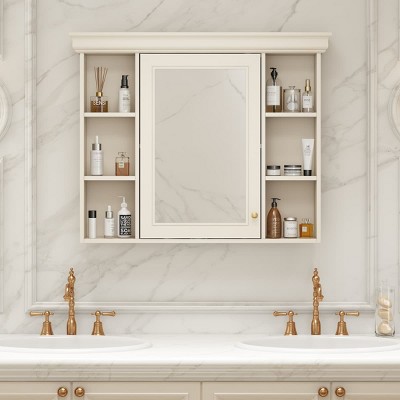 Wall Mounted Bathroom Storage Cabinet with Mirror, Wall Mounted Medicine Cabinet with Doors, 6 Open Shelves, White Storage Organizer -The Pop Home