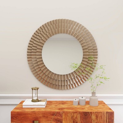 Rustic Sunburst Round Wall Mirror in Silver and Gold Leather