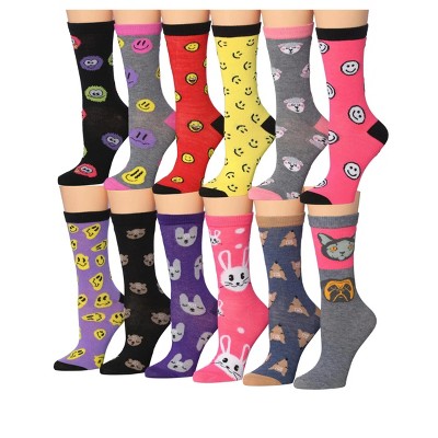 Tipi Toe Women's 12 Pairs Cheerful Cute Emojis Animal Faces Colorful Patterned Lightweight Crew Socks