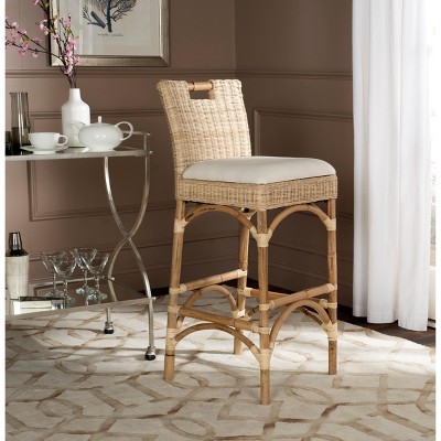 Natural Rattan and Bamboo Boho Bar Stool with Cushion