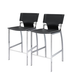 HomeRoots Set of Two 25" Black and Silver Faux Leather and Metal Low Back Counter Height Bar Chairs - 1 of 4