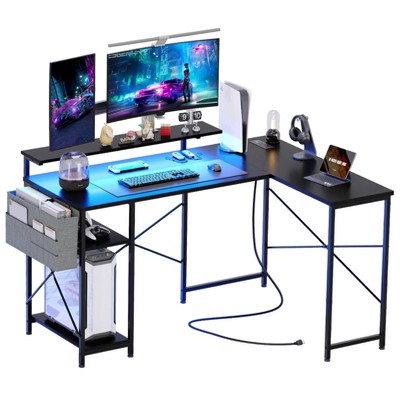 54 inch Gaming Desk, Reversible L Shaped Desk, Corner Computer Desk with Monitor Stand, Power Outlets, LED Lights