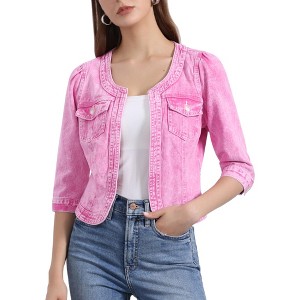 INSPIRE CHIC Women's Collarless Pockets 3/4 Sleeve Denim Jackets - 1 of 4