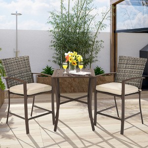 Costway 3PCS Patio Rattan Bar Furniture Set Slat Table 2 Cushioned Stools Poolside Brown - 1 of 4