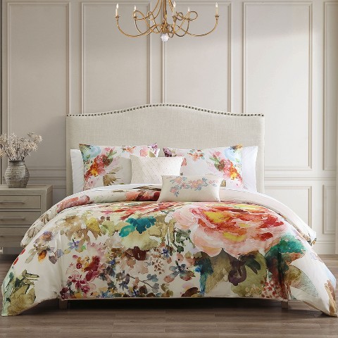Bebejan Antique Flowers Ivory 100% Cotton Sateen 5 Piece Floral Reversible Comforter Set, All Season Bedding Set - Queen