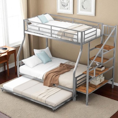 Twin Over Full Metal Bunk Bed with Trundle and Storage Staircase, Convertible Ladder, Silver Frame for Kids and Teens