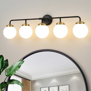 POWLIG 38.98-in 5-Light Black&Gold Bathroom Light Fixtures Over Mirror Vanity Lighting with Milk White Glass Globe Shades - 1 of 4