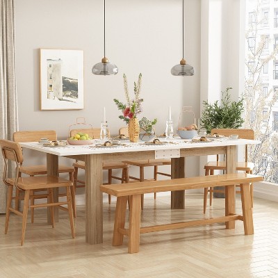 Famapy Extendable Dining Table with Modern White Top and Natural Wood Legs, 60.2” to 77.2”