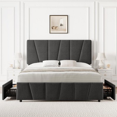 Twin Size Bed Frame with Adjustable Headboard and 2 Storage Drawers, Velvet Upholstered Tufted Platform Bed Frames with Wooden Slats Support, Beige