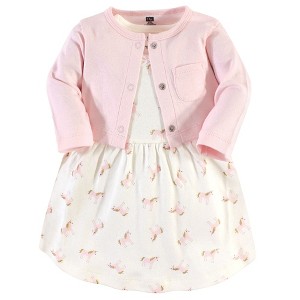 Hudson Baby Infant and Toddler Girl Cotton Dress and Cardigan 2pc Set, Gold Unicorn, 0-3 Months - 1 of 4