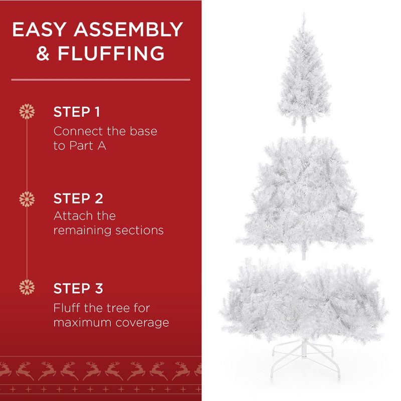 Best Choice Products Premium White Hinged Artificial Christmas Pine Tree w/ Branch Tips, Metal Base, 4 of 8