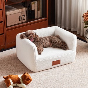 ATJafurn 25.6 Inch Faux Shearling Dog Bed Pet Sofa With Leather Nameplate, White Modern Elegant Dog Couch Furniture For Dogs and Cats Under 35lbs - 1 of 4