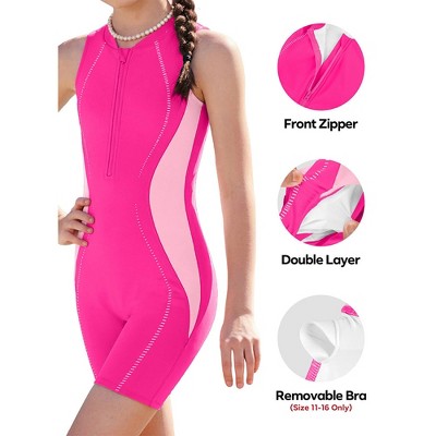 Charmo Girls Swimsuit Boyleg One Piece Bathing Suit Zip Up Teen Practice Swimwear Pink 13-14 Years — фото 5