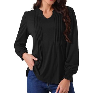 Seta T Women's V Neck Smocked Cuff Long Sleeve Pleated Casual Tunic Blouse - 1 of 4